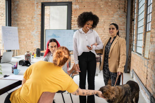 istock Colleagues talking in the office - including a visually impaired person with a guide dog 1368084806