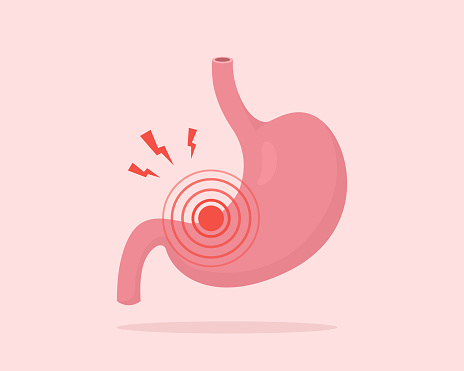 Stomach pain. Gastritis, indigestion, heartburn. Vector illustration of human internal organ.