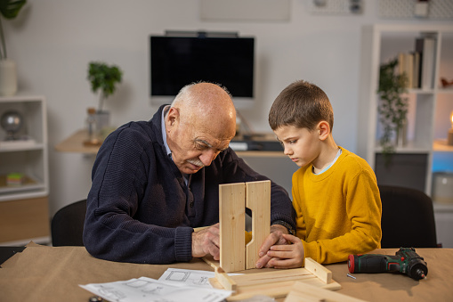 Grandfather and grandson assembling a wooden basket together in living room at home, they are using work tools.