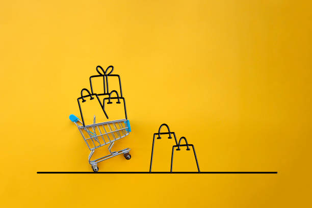 carrinho de compras com ilustração de pacotes de compras - concepts sale ideas retail - fotografias e filmes do acervo