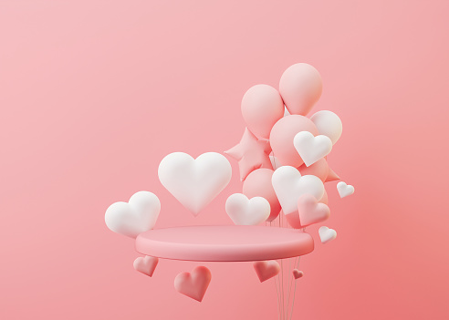 Pink podium with hearts, balloons flying in the air. Valentines Day, Wedding, Anniversary. Podium for product, cosmetic presentation. Mockup. Pedestal or platform for beauty products. 3D illustration