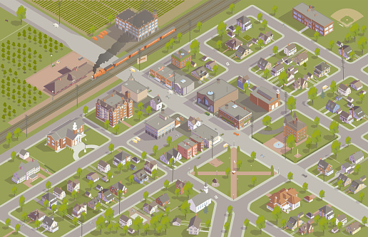 A fictional town from around the 1920s is illustrated in isometric view. The aerial view shows the town's zoning and street plan, and includes train station, commercial main street, apartments, houses, a park, town hall, firehouse, movie theater, school, hotel, and place of worship. Details include a steam-powered locomotive, vehicles from the period, dozens of trees, telephone poles, and neighboring farms.