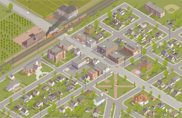 Isometric town 1920s illustration A fictional town from around the 1920s is illustrated in isometric view. The aerial view shows the town's zoning and street plan, and includes train station, commercial main street, apartments, houses, a park, town hall, firehouse, movie theater, school, hotel, and place of worship. Details include a steam-powered locomotive, vehicles from the period, dozens of trees, telephone poles, and neighboring farms. small town aerial stock illustrations