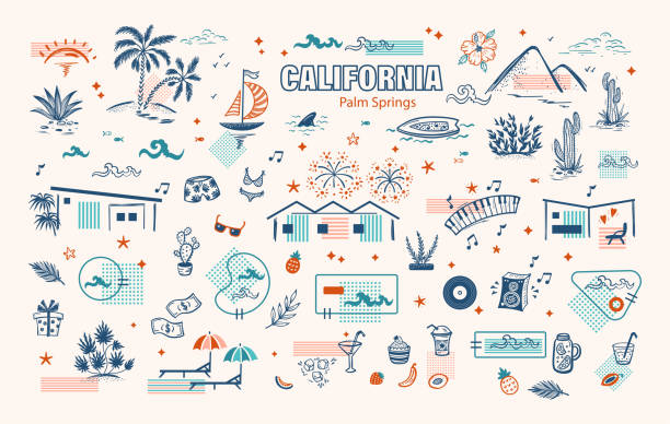 ilustraciones, imágenes clip art, dibujos animados e iconos de stock de conjunto vectorial de vacaciones de verano. palm springs, california arquitectura, naturaleza. casas de vacaciones, piscinas, playa, olas de mar, velero, surf, palmeras, colinas, plantas tropicales, comida, bebidas, artículos de ocio - lugar turístico