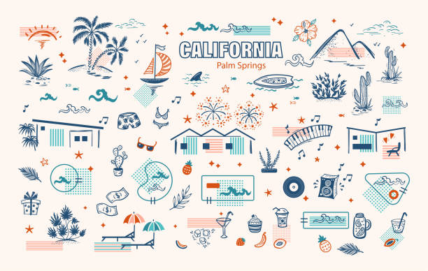 stockillustraties, clipart, cartoons en iconen met summer vacation vector set. palm springs, california architecture, nature. holiday homes, pools, beach, sea waves, sailboat, surfing, palm trees, hills, tropical plants, food, drinks, leisure items - tropical surf