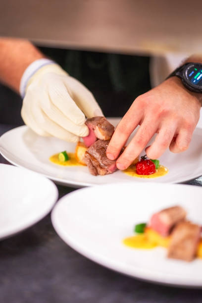 istock Chef preparing a dish with filet polenta zucchini and tomato 1368091223
