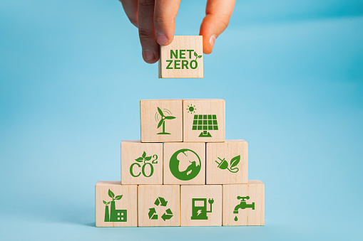 Net zero and carbon neutral concept. Net zero greenhouse gas emissions target. Climate neutral long term strategy. Hand put wooden cubes with green net zero icon and green icon on grey background