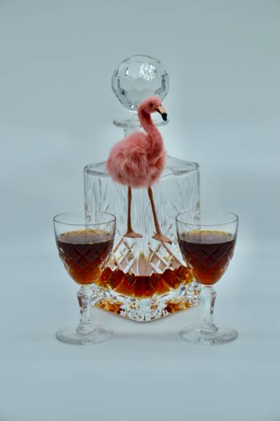 dwa kieliszki wina porto z kryształową karafką i różową dekoracją flaminga w studiu nakręconym na białym tle - wineglass glass crystal studio shot zdjęcia i obrazy z banku zdjęć