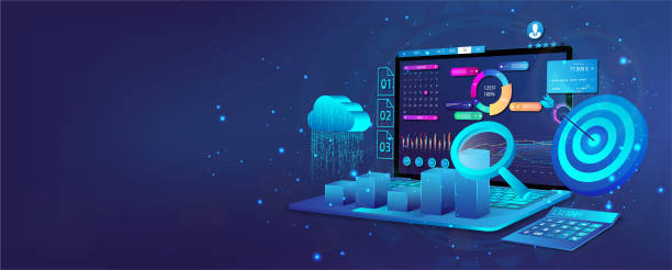 노트북, 3d 클라우드, 계산기 및 대시보드가 있는 웹 배너 - cloud three dimensional symbol technology stock illustrations