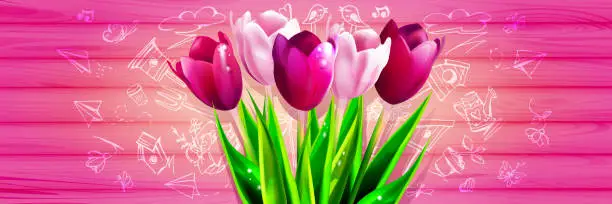 Vector illustration of Hello Spring! Bouquet of pink and scarlet tulips with hand-drawings on a natural abstract background. Graphic vector illustration in EPS 10 format.