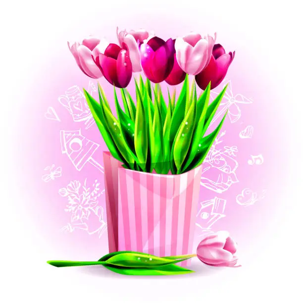 Vector illustration of Hello Spring! Bouquet of pink and scarlet tulips with hand-drawings on a natural abstract background. Graphic vector illustration in EPS 10 format.