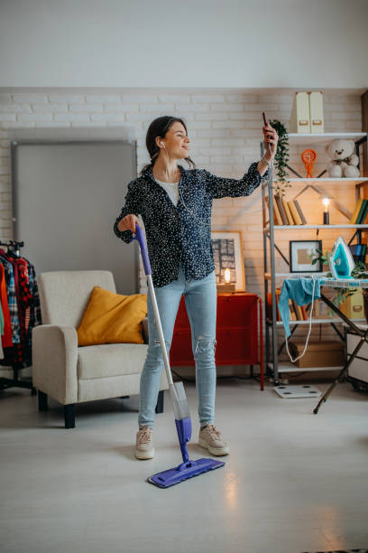 istock Cleaning parquet floor with wet mop 1368095943