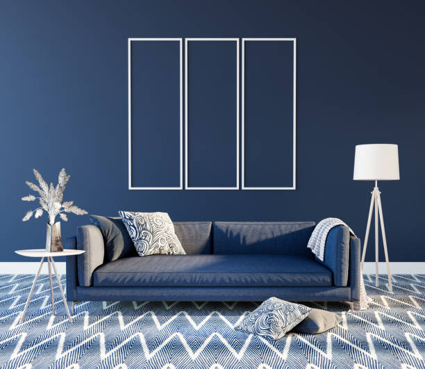 istock Mock up Living room interior design with blue sofa 3D render 1368099340