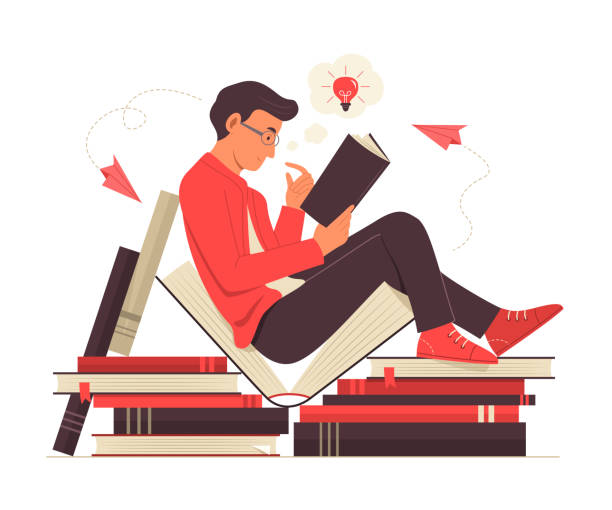 mann liest ein buch und denkt. - reading a book stock-grafiken, -clipart, -cartoons und -symbole
