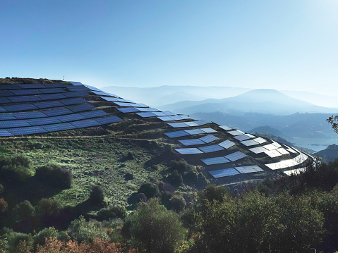 Solar Panels for solar energy from sun in the nature at he mountains.
