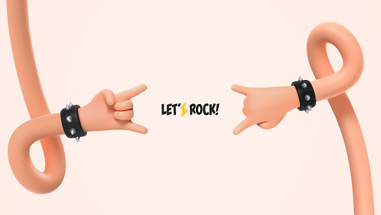 Rock stars music vector illustration. 3d cartoon ui hero hands Sign of the. Rock festival music banner template two hands gesture heavy metal isolated arms
