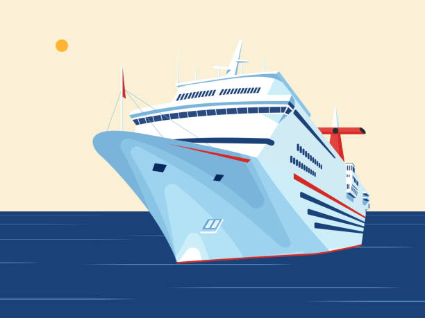 Cruise ship illustration Cruise ship landscape illustration. Flat design color design. Holiday, travel illustration. Big yacht. Vector. cruize stock illustrations