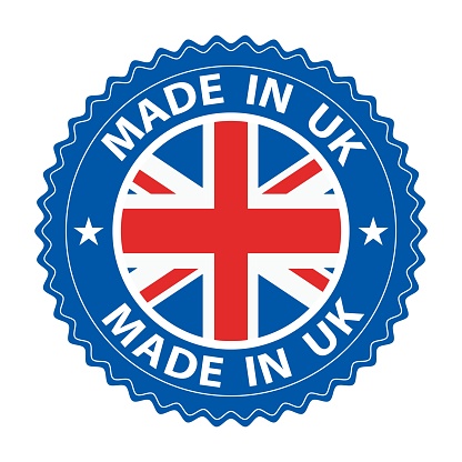 Made in UK badge vector. Sticker with stars and national flag. Sign isolated on white background.