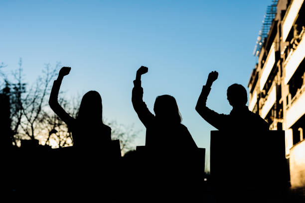fist silhouette for women day 8 march. multicultural sunset women power demonstration stock photo
