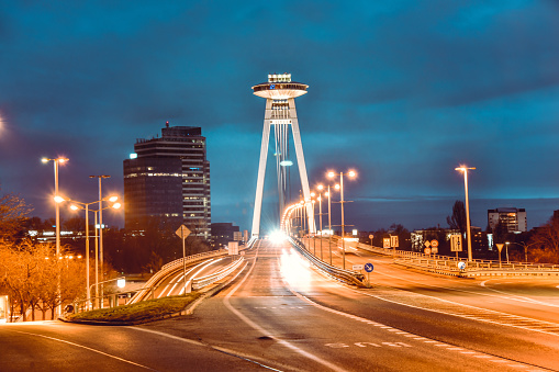 Lights At SNP Bridge In Bratislava, Slovakia