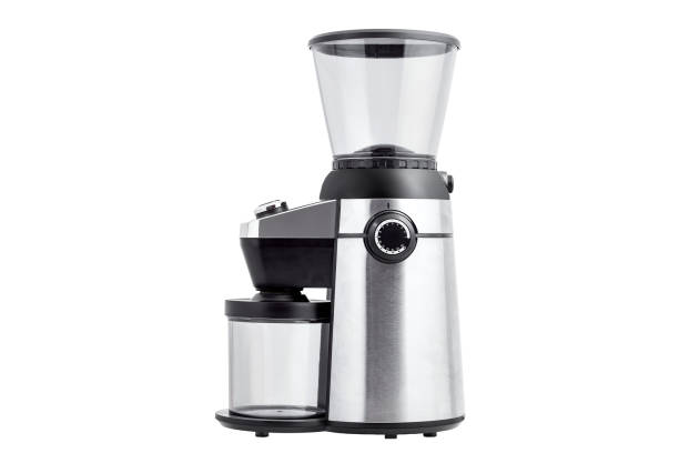 istock electric professional coffee grinder with conical burr and container for bean with selector grinder regulator, object of gray steel and black plastic and transparent flask side view isolated on white. 1368107709