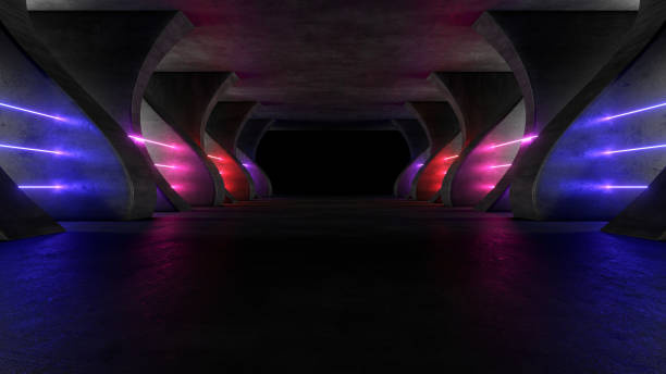 istock Sci Fy neon lamps in a dark corridor. Reflections on the floor and walls. 3d rendering image. 1368108385