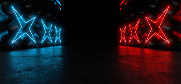 istock Sci Fy neon lamps in a dark corridor. Reflections on the floor and walls. 3d rendering image. 1368109071