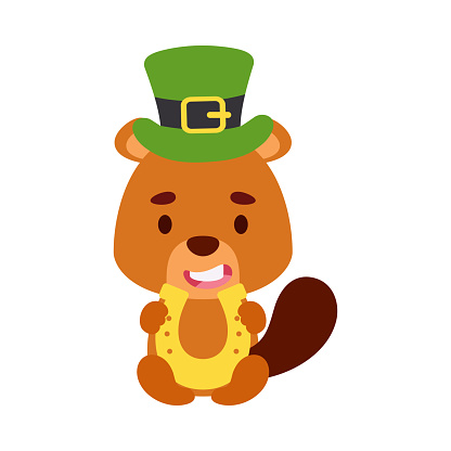 Cute beaver St. Patrick's Day leprechaun hat holds horseshoe. Irish holiday folklore theme. Cartoon design for cards, decor, shirt, invitation. Vector stock illustration.