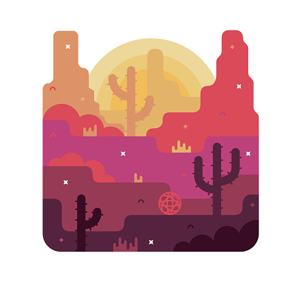 Desert, rocks and cactus under the scorching sun.Vector cartoon illustration in game design