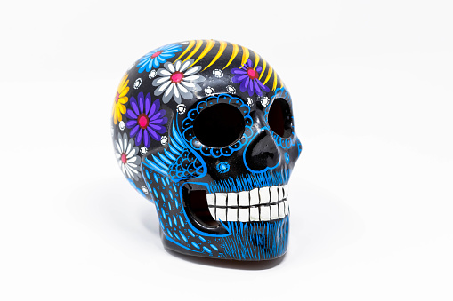 Traditional Mexican Patterned Ceramic Day of the Dead Skull Sculpture