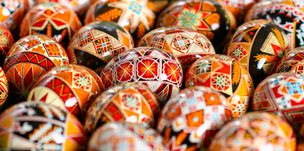 Pyssanka: decorated easter eggs in Ukranian style Natural eggs decorated with Ukrainian designs ukrainian culture stock pictures, royalty-free photos & images