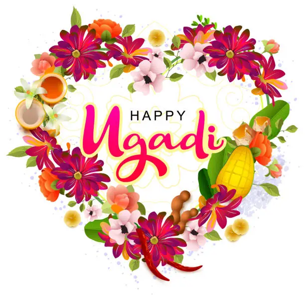 Vector illustration of Happy ugadi indian holiday greeting card text. Mala flower wreath garland heart shape