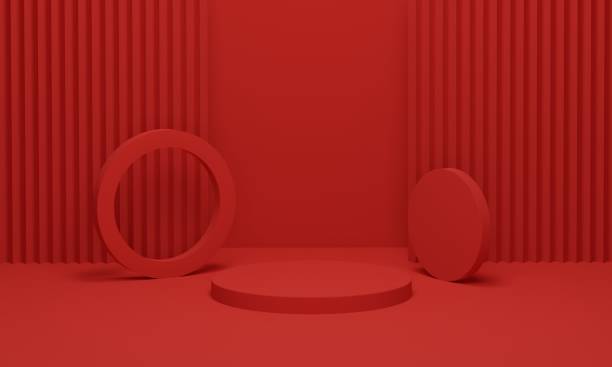 istock Stage podium on red velvet curtain background for products display. 1368118613