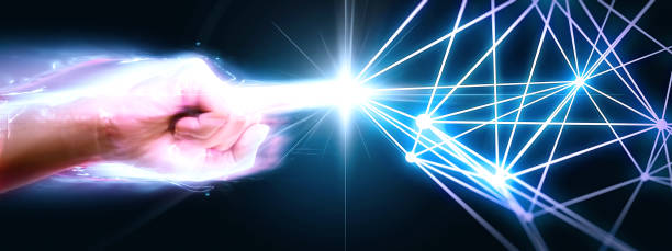 istock 3D illustration of a hand connecting to a glowing blue net in a virtual space 1368122061