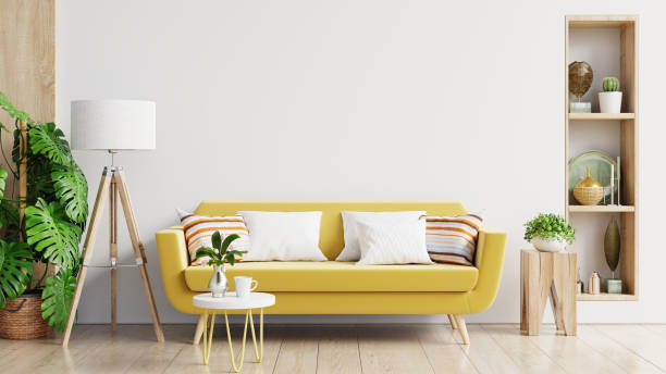 istock Mockup living room interior with yellow sofa on empty white color wall background. 1368125865
