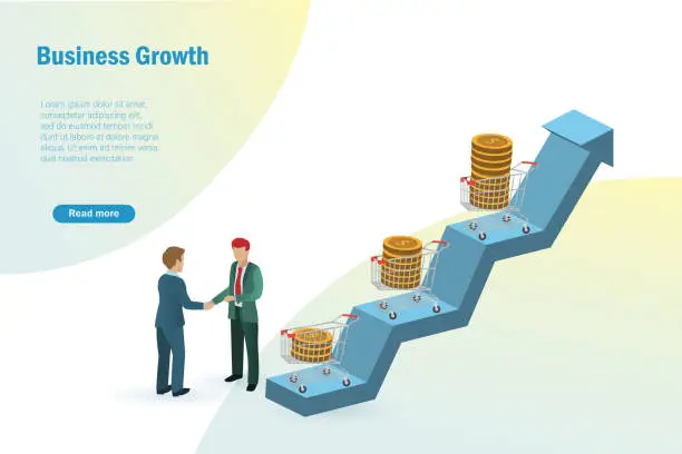 Vector illustration of Businessmen handshake with growth of sales in shopping cart. Growth of grocery sales. CPI, consumer price index, increase sales profit in goods production and business partnership concept.