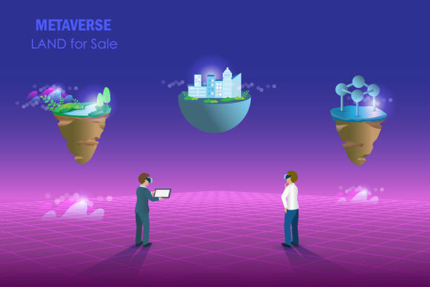 Metaverse land for sale, digital real estate and property investment technology.  Businessman buy virtual land for sale in metaverse cyber space futuristic environment background. Metaverse land for sale, digital real estate and property investment technology.  Businessman buy virtual land for sale in metaverse cyber space futuristic environment background. meta description stock illustrations