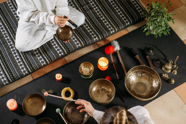 istock Singing bowls top view, sound healing alternative therapy. Overhead view 1368129720
