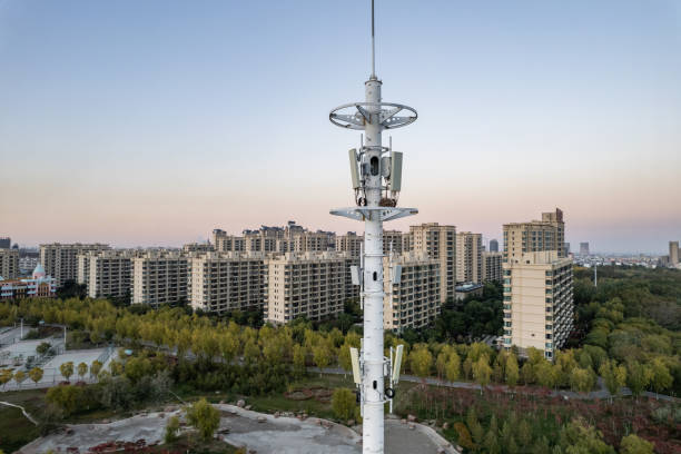 Aerial View of 5G Cellular Communications Tower at Sunset