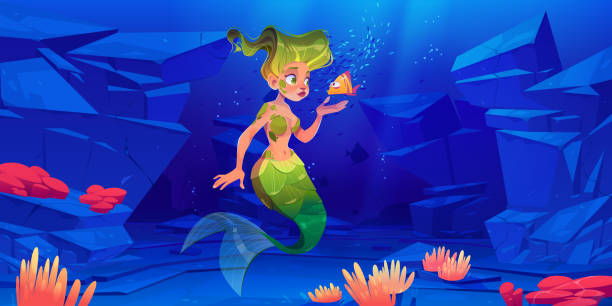 ilustrações de stock, clip art, desenhos animados e ícones de cute mermaid with little fish in underwater world - bottom sea