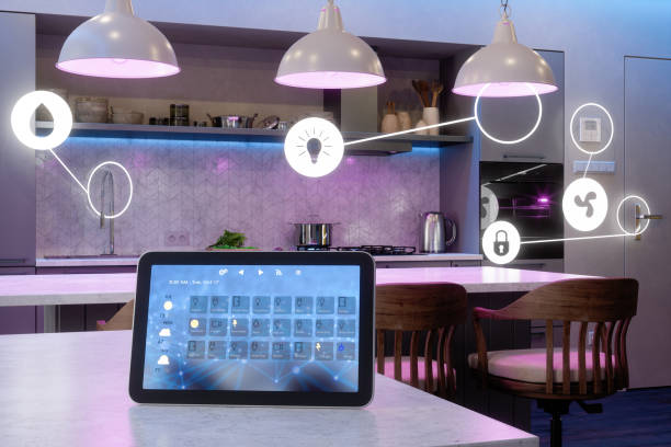 istock Kitchen Interior With Digital Tablet On Marble Table. Smart Home Control System With App Icons In Kitchen. 1368139683