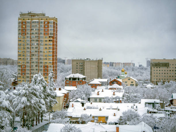 Atlantic snow cyclone hit Krasnodar, South of Russia Atlantic snow cyclone hit Krasnodar, South of Russia. Natural disaster but very beautiful. View of the snow-covered city from above. krasnodar stock pictures, royalty-free photos & images