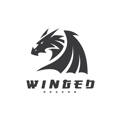 Dragon head wing wyvern silhouette logo design. Winged dragon vector icon in black and white color