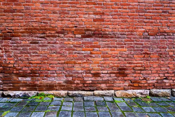 Old Brick Wall with Cobblestone Road