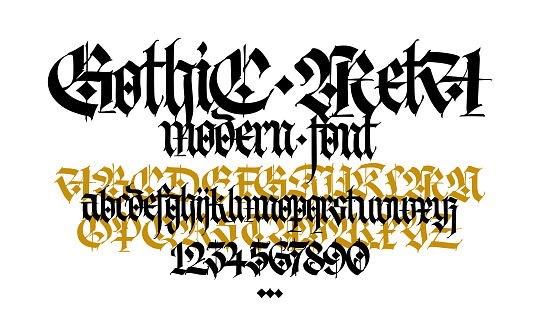 Gothic. Vector. Uppercase and lowercase letters with numbers. Stylish calligraphy. Elegant european font for design. Medieval modern style. Elegant pattern for fabric and packaging.