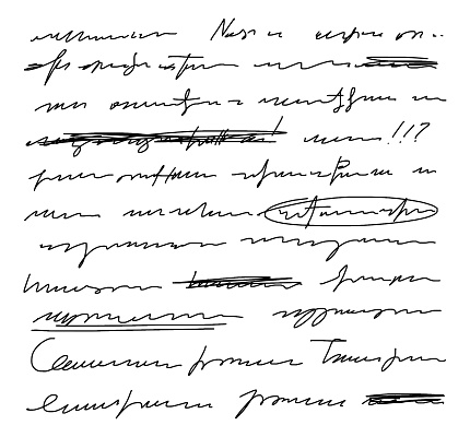 Vector unreadable handwriting, crossed out phrases. Exclamation points, underlining words in a sentence. Doodle illustration of unreadable text on a white background