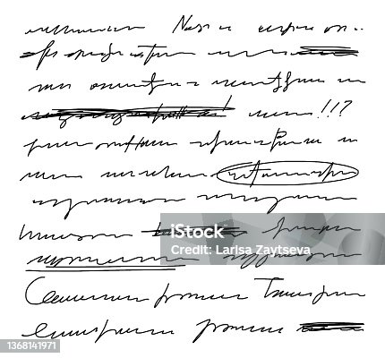 istock Vector unreadable handwriting, crossed out phrases. Exclamation points, underlining words in a sentence. Doodle illustration of unreadable text on a white background. 1368141971