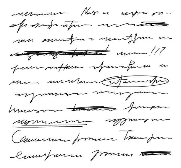 Vector illustration of Vector unreadable handwriting, crossed out phrases. Exclamation points, underlining words in a sentence. Doodle illustration of unreadable text on a white background.