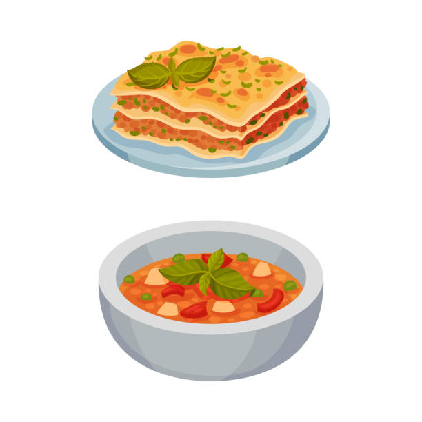 ilustraciones, imágenes clip art, dibujos animados e iconos de stock de conjunto de platos tradicionales de comida italiana. sopa de lasaña y minestrona servida en platos ilustración vectorial - minestrone