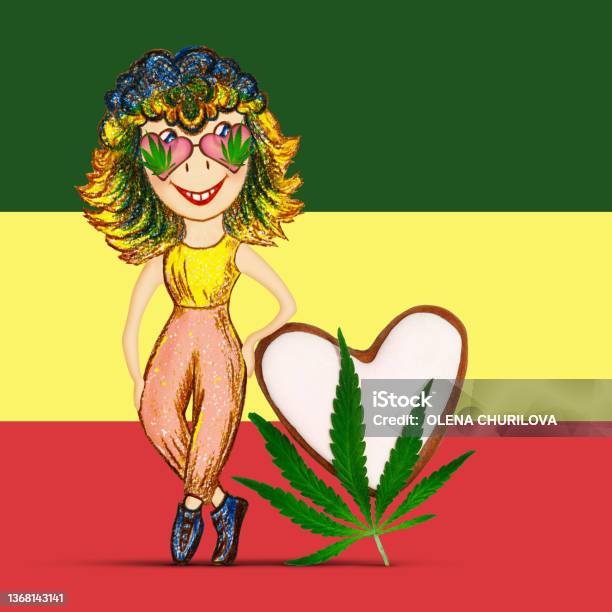 Cartoon Cheerful Girl In Glasses With Marijuana Leaves A Bright Girl In  Glasses And Hemp Against The Background Of The Rastaman Flag Stock  Illustration - Download Image Now - iStock